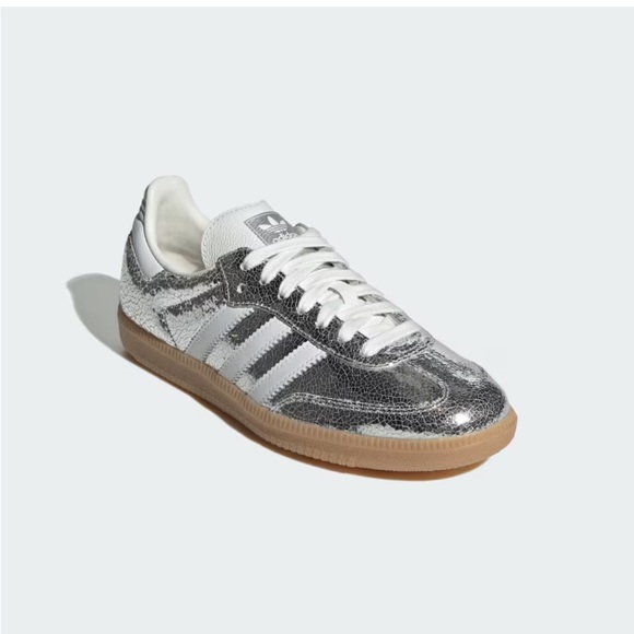 adidas Samba Metallic Silver / Cloud White / Core White Sneakers with Gum Sole - Picture 6 of 9